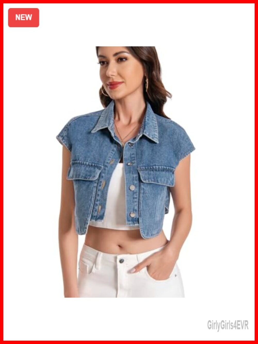 Sleeveless Denim Crop Top Button Front Chest Pockets